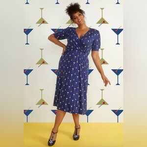 Unique Vintage Navy Maxi Wrap Dress with Cocktail Print